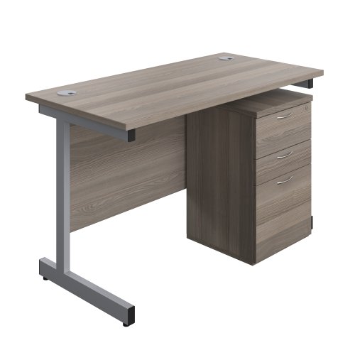 Single Upright Rectangular Desk + High Mobile Pedestal 3 Drawer (FSC) 1200 X 600 Grey Oak/Silver