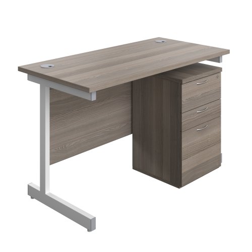 Single Upright Rectangular Desk + High Mobile Pedestal 3 Drawer (FSC) 1200 X 600 Grey Oak/White