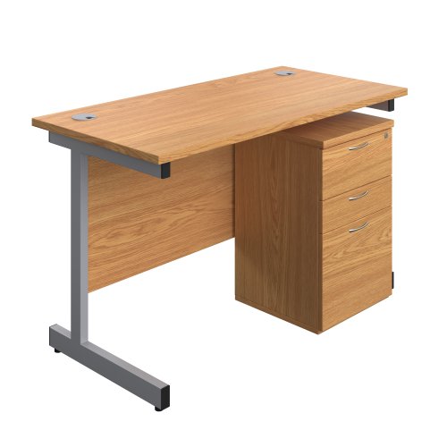 Single Upright Rectangular Desk + High Mobile Pedestal 3 Drawer (FSC) 1200 X 600 Nova Oak/Silver