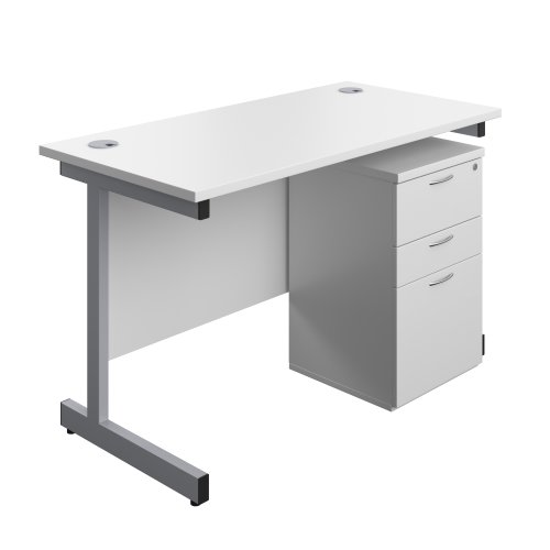 Single Upright Rectangular Desk + High Mobile Pedestal 3 Drawer (FSC) 1200 X 600 White/Silver