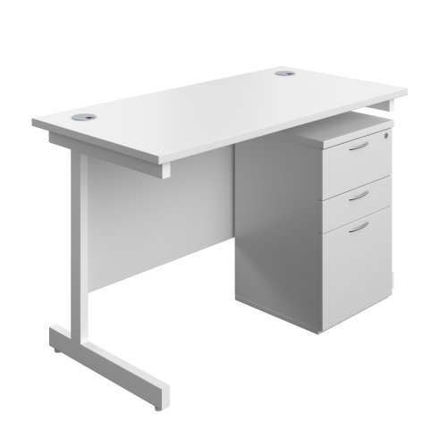 Single Upright Rectangular Desk + High Mobile Pedestal 3 Drawer (FSC) 1200 X 600 White/White