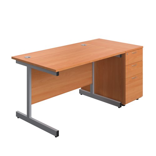 Single Upright Rectangular Desk + Desk High 3 Drawer Pedestal (FSC) 1200 X 800 Beech/Silver