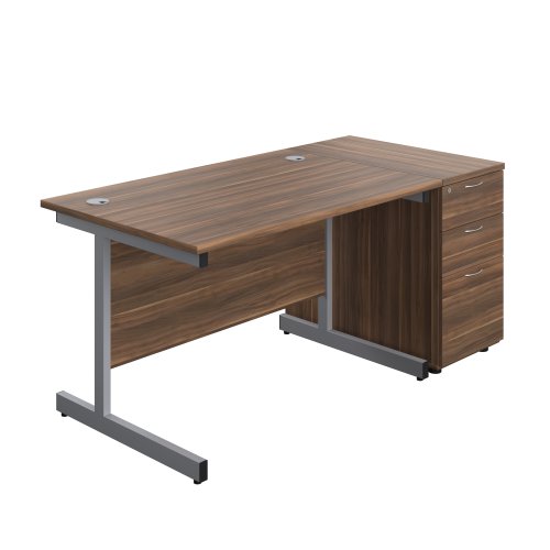 Single Upright Rectangular Desk + Desk High 3 Drawer Pedestal (FSC) 1200 X 800 Dark Walnut/Silver