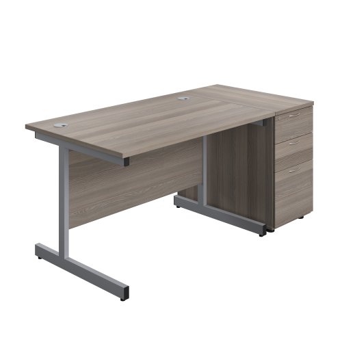 Single Upright Rectangular Desk + Desk High 3 Drawer Pedestal (FSC) 1200 X 800 Grey Oak/Silver
