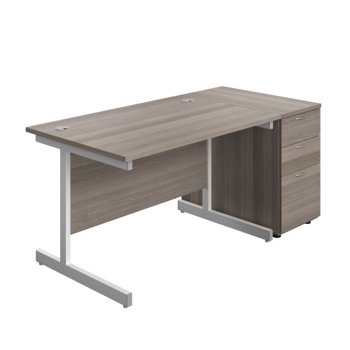 Single Upright Rectangular Desk + Desk High 3 Drawer Pedestal (FSC) 1200 X 800 Grey Oak/White