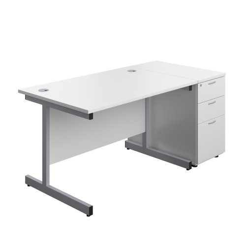 Single Upright Rectangular Desk + Desk High 3 Drawer Pedestal (FSC) 1200 X 800 White/Silver