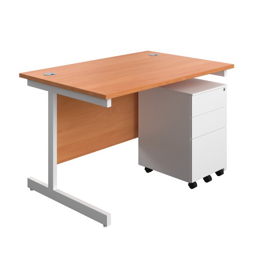 Single Upright Rectangular Desk + Under Desk Steel Pedestal 3 Drawers (FSC) 1200 X 800 Beech/White