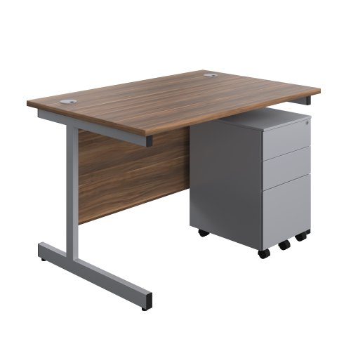 Single Upright Rectangular Desk + Under Desk Steel Pedestal 3 Drawers (FSC) 1200 X 800 Dark Walnut/Silver