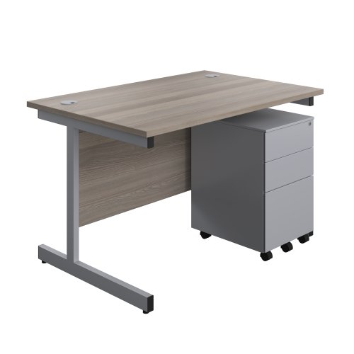 Single Upright Rectangular Desk + Under Desk Steel Pedestal 3 Drawers (FSC) 1200 X 800 Grey Oak/Silver
