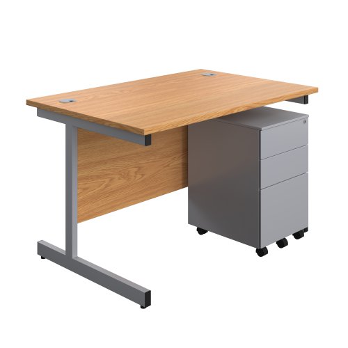 Single Upright Rectangular Desk + Under Desk Steel Pedestal 3 Drawers (FSC) 1200 X 800 Nova Oak/Silver