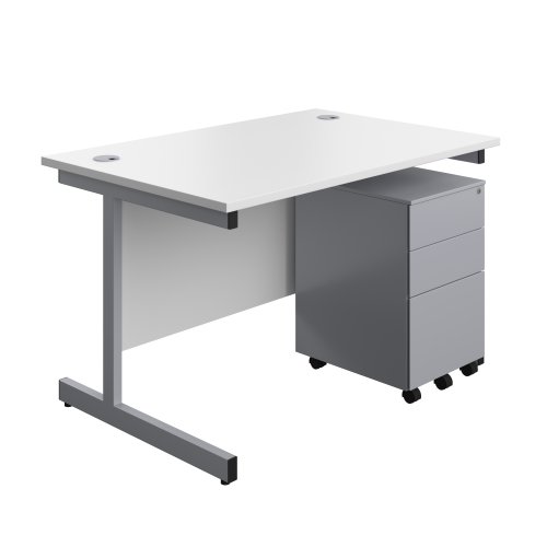 Single Upright Rectangular Desk + Under Desk Steel Pedestal 3 Drawers (FSC) 1200 X 800 White/Silver