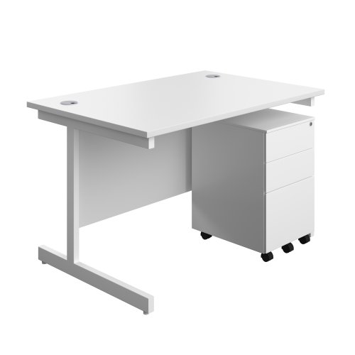 Single Upright Rectangular Desk + Under Desk Steel Pedestal 3 Drawers (FSC) 1200 X 800 White/White