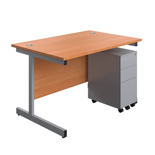 Single Upright Rectangular Desk + Slimline Steel Pedestal 3 Drawers (FSC) 1200 X 800 Beech/Silver