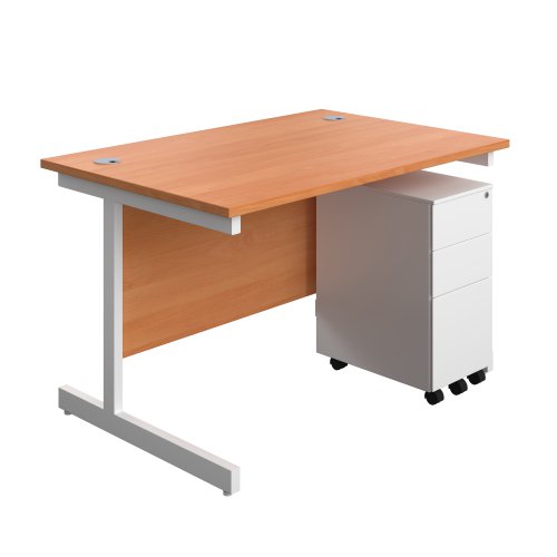 Single Upright Rectangular Desk + Slimline Steel Pedestal 3 Drawers (FSC) 1200 X 800 Beech/White