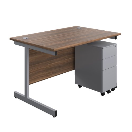 Single Upright Rectangular Desk + Slimline Steel Pedestal 3 Drawers (FSC) 1200 X 800 Dark Walnut/Silver
