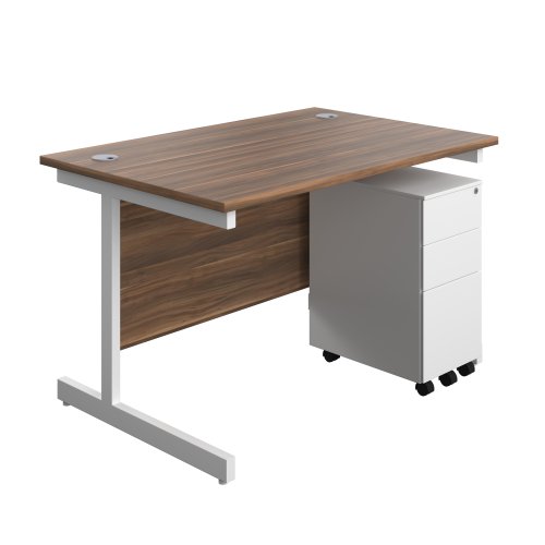 Single Upright Rectangular Desk + Slimline Steel Pedestal 3 Drawers (FSC) 1200 X 800 Dark Walnut/White