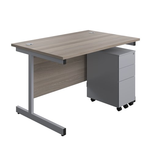 Single Upright Rectangular Desk + Slimline Steel Pedestal 3 Drawers (FSC) 1200 X 800 Grey Oak/Silver