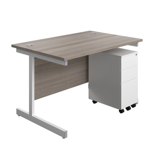 Single Upright Rectangular Desk + Slimline Steel Pedestal 3 Drawers (FSC) 1200 X 800 Grey Oak/White