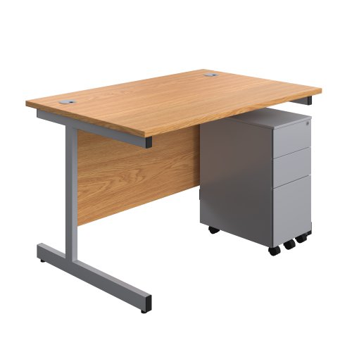 Single Upright Rectangular Desk + Slimline Steel Pedestal 3 Drawers (FSC) 1200 X 800 Nova Oak/Silver