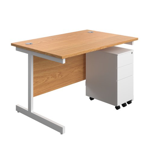 Single Upright Rectangular Desk + Slimline Steel Pedestal 3 Drawers (FSC) 1200 X 800 Nova Oak/White