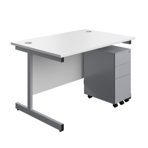 Single Upright Rectangular Desk + Slimline Steel Pedestal 3 Drawers (FSC) 1200 X 800 White/Silver