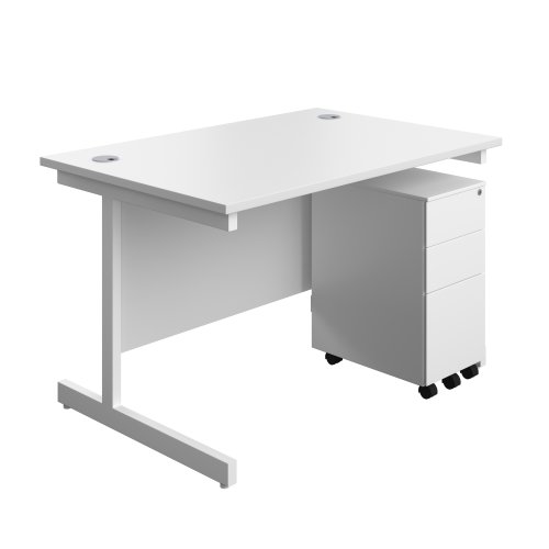 Single Upright Rectangular Desk + Slimline Steel Pedestal 3 Drawers (FSC) 1200 X 800 White/White