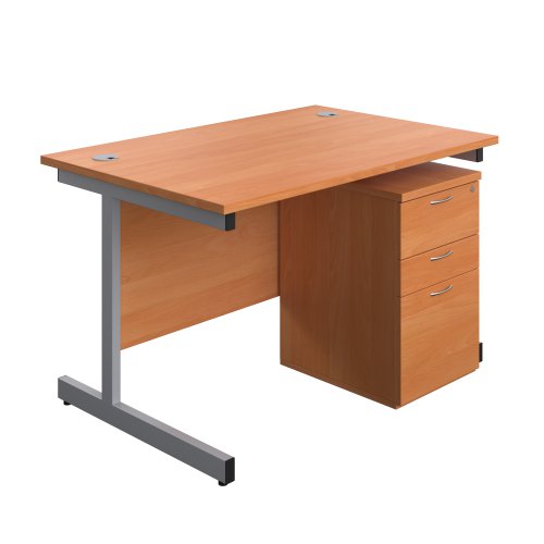 Single Upright Rectangular Desk + High Mobile Pedestal 3 Drawer (FSC) 1200 X 800 Beech/Silver