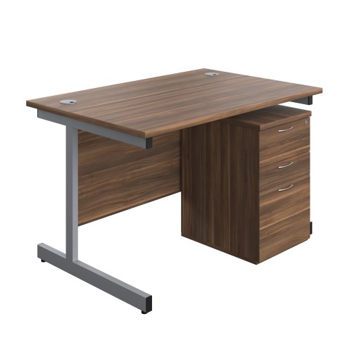 Single Upright Rectangular Desk + High Mobile Pedestal 3 Drawer (FSC) 1200 X 800 Dark Walnut/Silver
