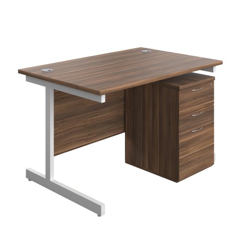 Single Upright Rectangular Desk + High Mobile Pedestal 3 Drawer (FSC) 1200 X 800 Dark Walnut/White