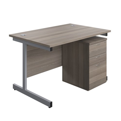 Single Upright Rectangular Desk + High Mobile Pedestal 3 Drawer (FSC) 1200 X 800 Grey Oak/Silver