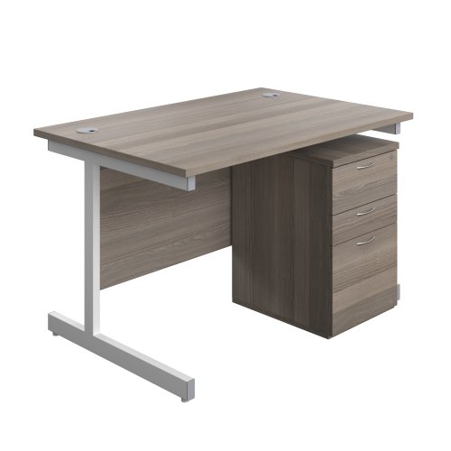 Single Upright Rectangular Desk + High Mobile Pedestal 3 Drawer (FSC) 1200 X 800 Grey Oak/White