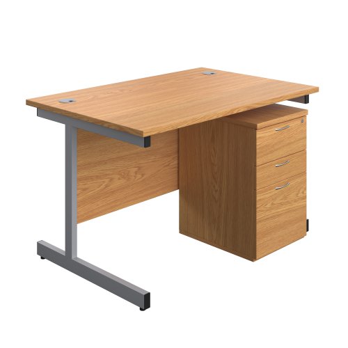 Single Upright Rectangular Desk + High Mobile Pedestal 3 Drawer (FSC) 1200 X 800 Nova Oak/Silver