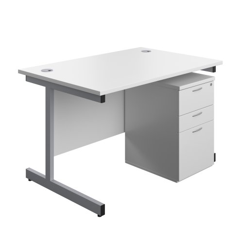 Single Upright Rectangular Desk + High Mobile Pedestal 3 Drawer (FSC) 1200 X 800 White/Silver