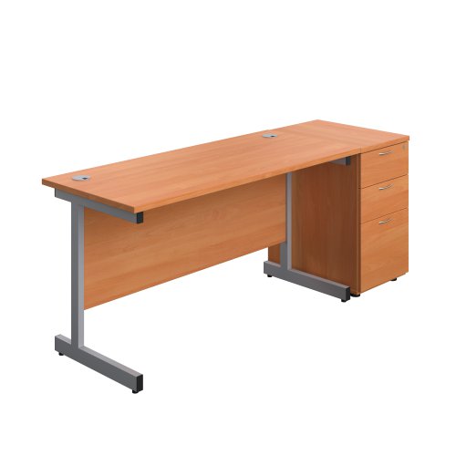 Single Upright Rectangular Desk + Desk High 3 Drawer Pedestal (FSC) 1400 X 600 Beech/Silver