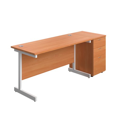 Single Upright Rectangular Desk + Desk High 3 Drawer Pedestal (FSC) 1400 X 600 Beech/White