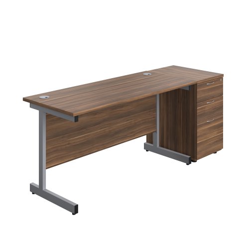 Single Upright Rectangular Desk + Desk High 3 Drawer Pedestal (FSC) 1400 X 600 Dark Walnut/Silver