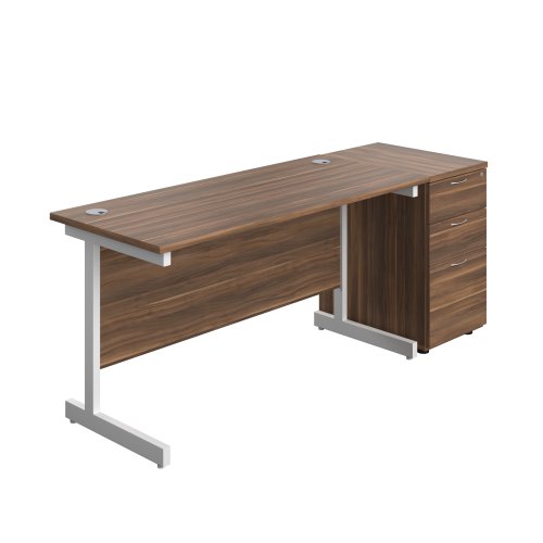 Single Upright Rectangular Desk + Desk High 3 Drawer Pedestal (FSC) 1400 X 600 Dark Walnut/White