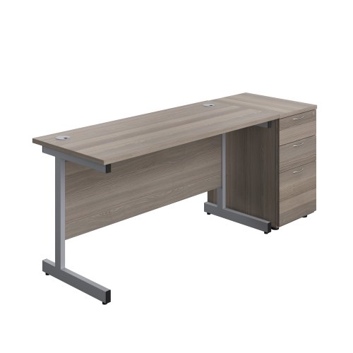 Single Upright Rectangular Desk + Desk High 3 Drawer Pedestal (FSC) 1400 X 600 Grey Oak/Silver