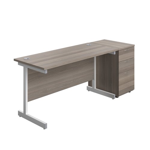 Single Upright Rectangular Desk + Desk High 3 Drawer Pedestal (FSC) 1400 X 600 Grey Oak/White