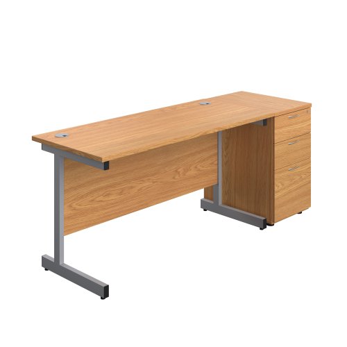 Single Upright Rectangular Desk + Desk High 3 Drawer Pedestal (FSC) 1400 X 600 Nova Oak/Silver