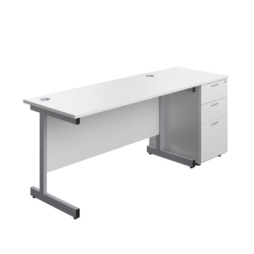 Single Upright Rectangular Desk + Desk High 3 Drawer Pedestal (FSC) 1400 X 600 White/Silver
