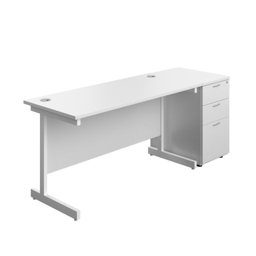 Single Upright Rectangular Desk + Desk High 3 Drawer Pedestal (FSC) 1400 X 600 White/White