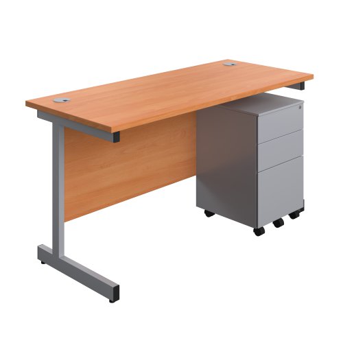 Single Upright Rectangular Desk + Under Desk Steel Pedestal 3 Drawers (FSC) 1400 X 600 Beech/Silver