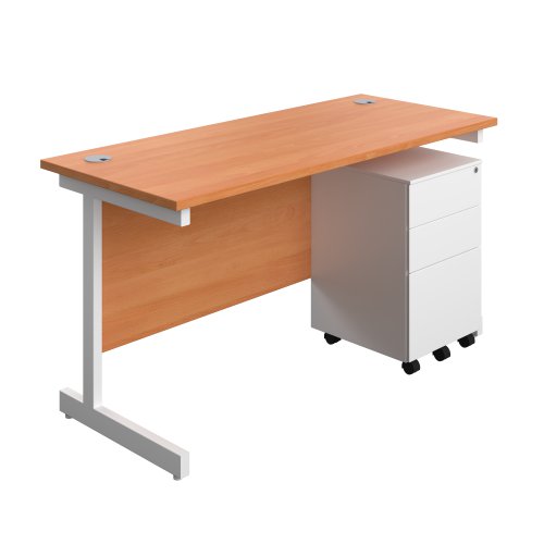 Single Upright Rectangular Desk + Under Desk Steel Pedestal 3 Drawers (FSC) 1400 X 600 Beech/White