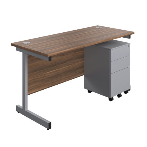 Single Upright Rectangular Desk + Under Desk Steel Pedestal 3 Drawers (FSC) 1400 X 600 Dark Walnut/Silver