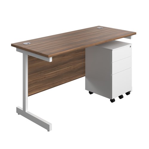 Single Upright Rectangular Desk + Under Desk Steel Pedestal 3 Drawers (FSC) 1400 X 600 Dark Walnut/White