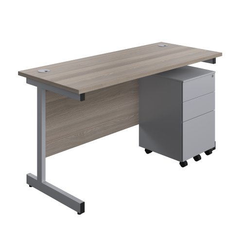 Single Upright Rectangular Desk + Under Desk Steel Pedestal 3 Drawers (FSC) 1400 X 600 Grey Oak/Silver