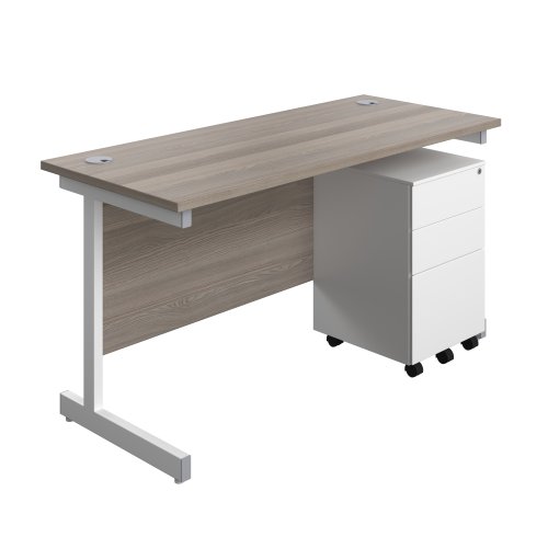 Single Upright Rectangular Desk + Under Desk Steel Pedestal 3 Drawers (FSC) 1400 X 600 Grey Oak/White