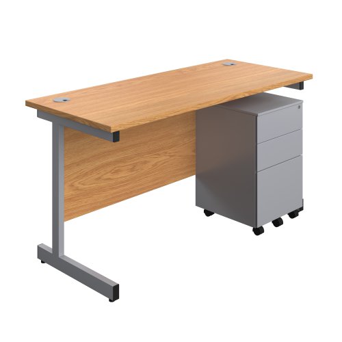 Single Upright Rectangular Desk + Under Desk Steel Pedestal 3 Drawers (FSC) 1400 X 600 Nova Oak/Silver