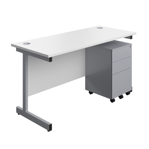 Single Upright Rectangular Desk + Under Desk Steel Pedestal 3 Drawers (FSC) 1400 X 600 White/Silver